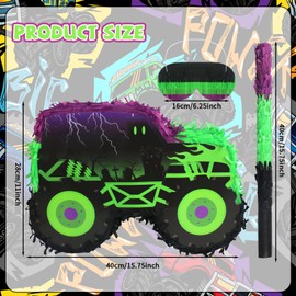 Green and Purple Monster Truck Pinata Car Pinata with Stick and Blindfold for Kids Boys Monster Truck Birthday Decorations Racing Car Birthday Party Supplies Race Car Carnival Party Favors