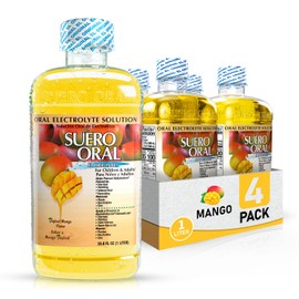 Suero Oral Electrolyte Solution - Electrolytes Drink, Hydration Booster & Rehydration Drink for Kids & Adults, Hydrates, Replenishes, Energizes, Mango Flavor, 1 Liter (4 Pack)