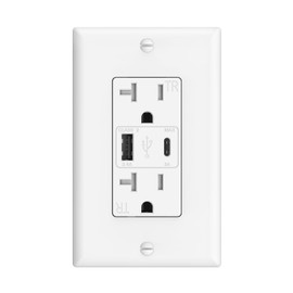 ThunderWay USB Charger Wall Outlet, USB Receptacle with Type A & Type C USB Ports, 20 Amp Tamper Resistant Receptacle Plug, Wall Plate Included, ETL Listed, White, 1 Pack