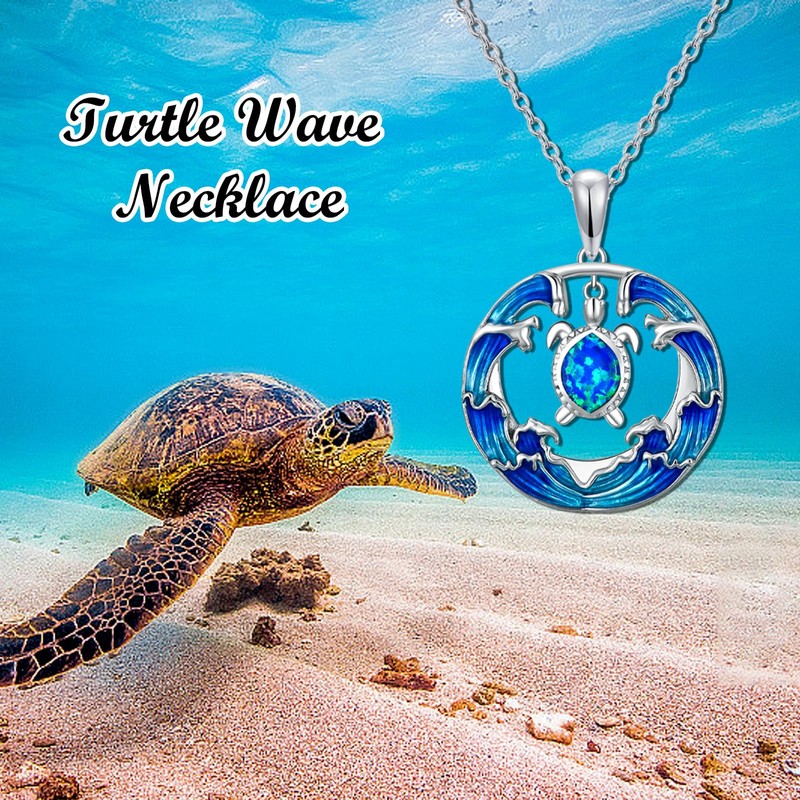 SHINYKEND Blue Opal Turtle Necklace, 925 Sterling Silver Sea Turtle