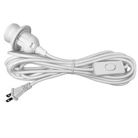 Rustic State Fabric Cord with Toggle Switch for Hanging Pendant Lamp Fixture - 15 Feet Braided Flexible Cable with E-26/ E-27 Light Bulb Socket & 2 Prong Flat Plug - White