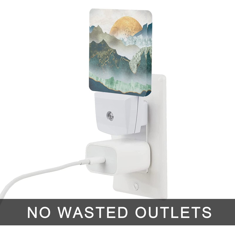 Oeaskly Mountain Night Light,Green Mountains Golden Sunset Plug in Night