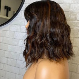 Highlight Brown Bob Wig With Bangs Loose Wave Glueless HD 13X4 Lace Front Human Hair Wig with Invisible Bleached Knots Ombre Brown Honey Blonde Wavy Short Bob Bangs Wig for Women 150 Density 12"