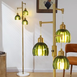 Asmymhd Dimmable Gold Floor Lamp,3-Light Vintage Retro Tree Floor Lamp,Farmhouse Standing Lamp with 3 Elegant Glass Green Flower lampshades for Living Room Bedroom (Brass Gold)