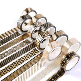 Yubbaex Masking Tape Suit Black Gold Foil Stamping for Gift Wrapping, DIY Crafts, Notebook Decoration (0.6 inch (15 mm) Width x 10 Rolls)