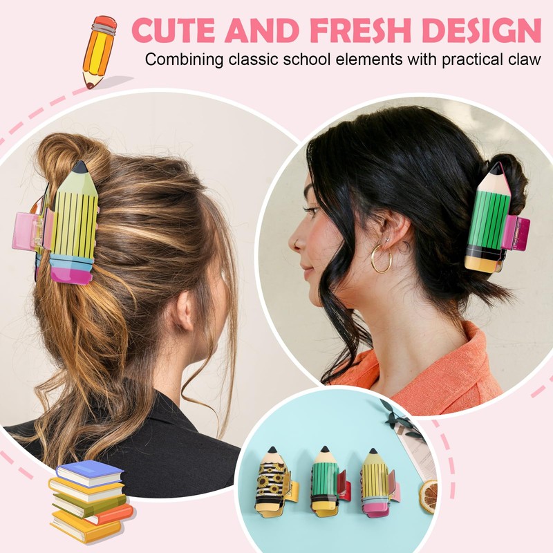 3Pcs Pencil Hair Claw Clips, Funny Teacher Hair Clips
