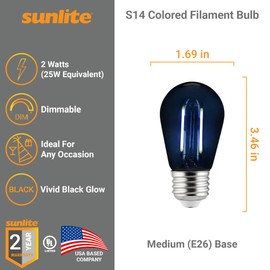Sunlite LED S14 String Light Bulb, 2 Watts (25W Equivalent), Medium E26 Base, Party Decoration, Holiday Lighting, Transparent, Dimmable, UL Listed, Black, 6 Count