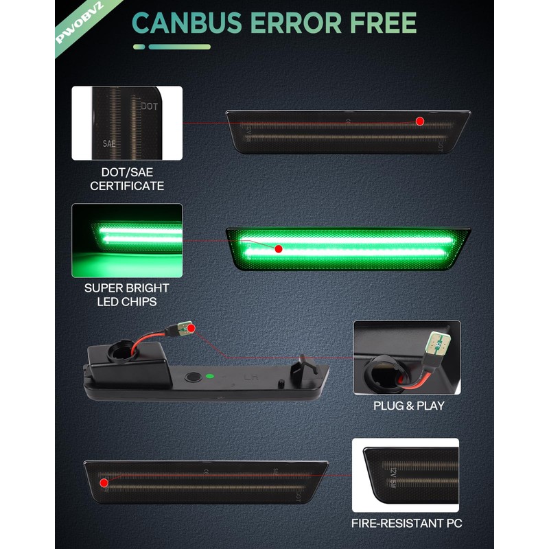 PWOBVZ Dynamiac Green LED Rear Side Marker Lights for 2011-2014