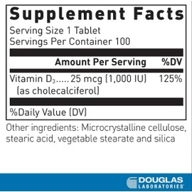 Douglas Laboratories Vitamin D 25 mcg (1,000 IU) - D3 Vitamin - For Immune Support, Bone Health & Tooth Health* - D Vitamin as Cholecalciferol - 100 Tablets