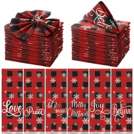 Funnymoom 24 Pcs Christmas Buffalo Plaid Cloth Napkins Snowflakes Black and Red Checked Cotton Gingham Napkins Dinner Soft Absorbent Cloth for Christmas Winter Holiday Party Favors