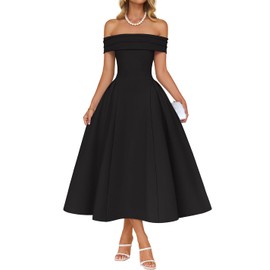 ZESICA Cocktail Dresses for Women's Elegant Off Shoulder Short Sleeve Swing A Line Wedding Evening Party Midi Dress,Black,Medium