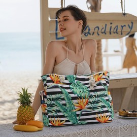 Clothirily Beach Bag for Women - Large Beach Tote Bag, Waterproof Sandproof Beach Bag with Zipper, Large Swim Pool Beach Tote, Leaf Stripe