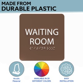 ADA CENTRAL SIGNS - 6" X6" Waiting Room Sign - ADA Compliant Tactile Graphics Grade 2 Braille Text Acrylic Wall Signs - Please Wait Here, Reception Counter Door Signs for Medical Clinics, Offices