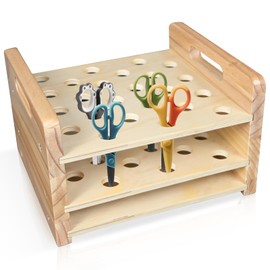 Kuabiz Wooden Scissor Holder Scissors Storage Rack 24 Holes Natural Wood Scissor Organizer Stand Eyebrow Pen Holder Display Stand Makeup Brush Rack Desk Organizer for Classroom Office Barber Shop Home