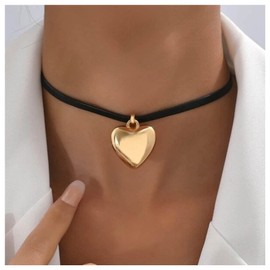 Allereya Vintage Suede Choker Necklace Puffy Heart Pendant Necklace Black Velvet Necklace Gold Heart Velvet Choker Necklace Jewellery for Women and Girls, Zinc, No Gemstone