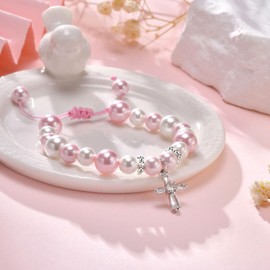 XUANPAI Christening Gifts for Girls Communion Bracelets - Pearl Cross Charm Bracelet for Girls Baptism First Communion Confirmation Gift Easter Faith Jewelry for Daughter/Goddaughter/Niece