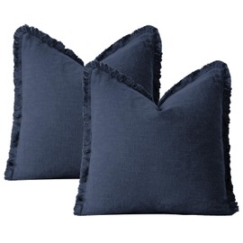 Set of 2 Fall Cotton Throw Pillow Covers Decorative Square Pillow Covers Farmhouse Boho Cushion Covers with Fringe for Couch Living Room 45x45cm Navy Blue