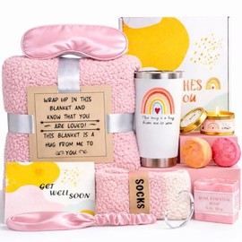 Paquete de Cuidados Get Well Soon para Mujeres, 12 Piezas Caja de Regalo de Autocuidado de Lujo con Manta Rosa Acogedora, Vaso Térmico, Vela y Canasta