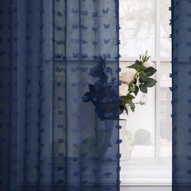 Navy Blue Boho Sheer Curtains 63 Inch Length for Nursery Boys Bedroom Cute Sheer Pom Pom Curtain for Farmhouse Window Decor Navy Indigo Blue Voile Drapes for Living Room Back Tab 2 Panels Set 52x63