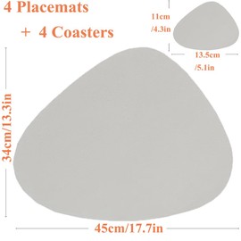 Washable Placemats, Set of 4 Leather Placemats and Coasters, PU Faux Leather, Heat Resistant, Oval Placemats, Washable for Home, Dining Room, Hotel and Business, 45 x 34 cm (Grey)