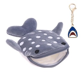 Shark Coin Purse Small Wallet for Women Cute Plush Cartoon Coin Pouch Cosmetic Items Bag for Headphones、coins、Banknotes and Lipstick (with Keychain shark) (grey)