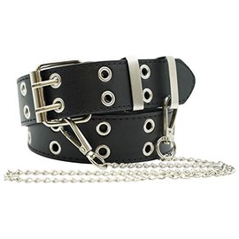 Ro Rox Rudie Gothic Grunge Punk Double Eyelet PU Belt with Square Buckle & Chain - Black (M)