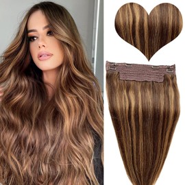 Wire Hair Extensions Human Hair Brown to Caramel Blonde Highlights Remy Human Hair Extensions 20 inch 100g Invisible Fish Line with Natural Hair Extensions for Women