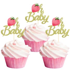 24 Pcs Strawberry Oh Baby Cupcake Toppers, Glitter Oh Baby Cupcake Decorations for Summer Strawberry Baby Shower Kids Birthday Party Supplies (Oh Baby Pink)