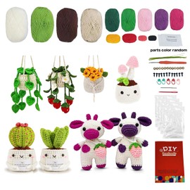 LefeTeny Crochet Kit for Beginners - Complete Amigurumi Craft Set with 8 Hanging Potted Plants & Strawberry Cow Family - Step-by-Step Video Tutorials Included(40%+ Yarn)