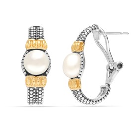 LeCalla 925 Sterling Silver Omega Back Earrings Two-Tone Caviar Beaded Freshwater Pearl Clip-On Omega Back Large Stud Earring for Women - 25MM