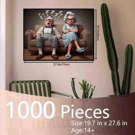 Grumpy Grandma and Snoring Grandpa Jigsaw Puzzle – 1000 Piece Funny Puzzle for Adults with Couch Scene and Hilarious Senior Moment, Fun Challenging DIY Crafts Puzzles Family Games Home Decor Gift