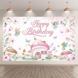 Luminora 72 x 43 Inch Pink Elf Happy Birthday Backdrop Watercolor Fairy Flowers Hedgehog Mushroom House Background Girl Birthday Party Decorations Banner Photo Props