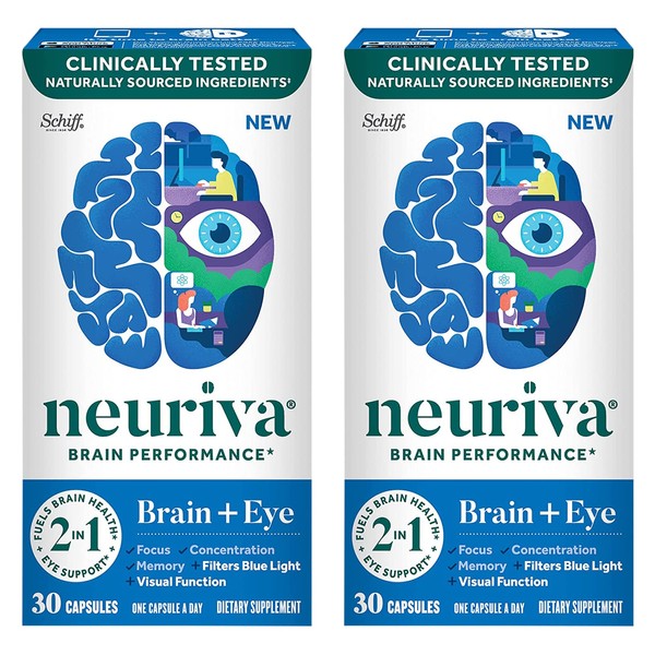 NEURIVA Brain + Eye Support Capsules (30 Count in a Box), with Vitamins A C E, Zinc, Zeaxanthin, Antioxidants, Filters Blue Light, Decaffeinated, Vegetarian, Gluten & GMO Free (Pack of 2)
