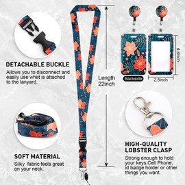 ID Case with Strap, Lanyard ID Card Holder Extendable, Key Ring with Carabiner for Women, Teachers, Nurses, Doctor, Students (Red Flower)