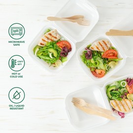 Freshware Clamshell Food Containers with Lids [6x6 100-Pack] Disposable To Go Containers, Biodegradable Sugarcane To Go Boxes - Paper Container - Microwave & Freezer Safe, Stackable