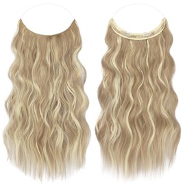 FESHFEN Hair Extensions, Synthetic Hair Piece with Invisible Transparent Wire, Long Wavy Secret Headband Hairpieces for Women (20 Inches, Dark Ash Blonde Mixed Bleach Blonde)