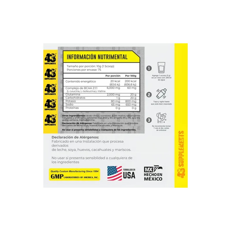 Bcaa S Glutamina 43 Supplements 75 Servicios 750 Gr Sabor