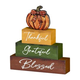 Smile Thanksgiving Fall Decor Indoor Wooden Block Signs, Pumpkin Decor Thankful Grateful Blessed for Rustic Farmhouse Home,Thanksgiving Table Tiered Tray Kitchen Harvest Decorations
