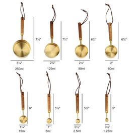 Gold Measuring Cup and Spoon Set - Stainless Steel Measuring Cups with Wooden Handles, 4 Measuring Cups and 4 Measuring Spoons, Suitable for Kitchen Baking and Cooking (8 Pcs)