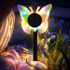 HUYIENO 4pk Solar Lights Outdoor Garden Decor Butterfly Stake Lights Waterproof Pathway Fence Lighting Ground/Wall Mounting 2 in 1 for Garden,Patio,Yard Decoration