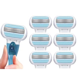 6 Ersatzklingen für Damen, mit 1 Griff, 3 Klingen aus Edelstahl, korrosionsbeständig, mit schützendem Schmierband, ergonomischer Griff, sanfte Rasur für Körper & empfindliche Zonen (blau)