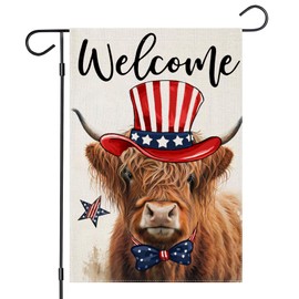 Welcome 4th of July Garden Flags 12x18 Inch Double Sided, Patriotic Hignland Cow Small Summer Decoration for Farmhouse Holiday Yard Independence Day, Memorial Day Outdoor Decor