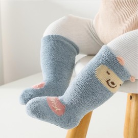 Baby Winter Fuzzy Socks with Grips, 4 Pairs Non Slip Warm Coral Fleece Long Slipper Socks Knee-High Stockings for Infants Girls and Boys 12-18 Months Animals