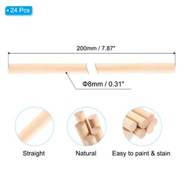 PATIKIL 1/3x7.87inch Wooden Dowel, 24 Pcs Dowel Rod Wood Dowels Wood Sticks Unfinished Round Hardwood for Crafts DIY Home Decor 8mm x 200mm