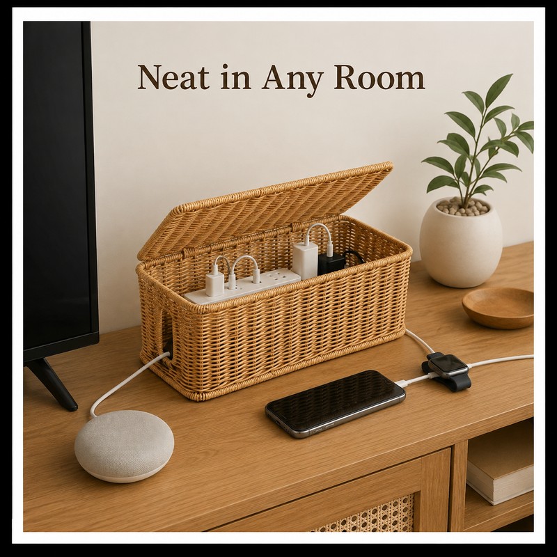 Handmade Rattan Cable Management Box for Cord Organization - Decorative