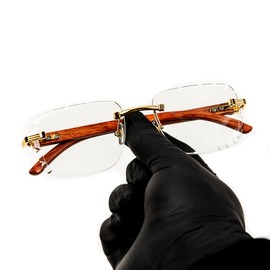 Street Knitted Luxury Red Wood Arm Rimless Clear Tint Gold Frame Square Luxury Woodgrain Frameless Non Prescription Rectangle Eye Glasses Vintage Geometric Clear Lens Hip Hop Glasses For Men Women