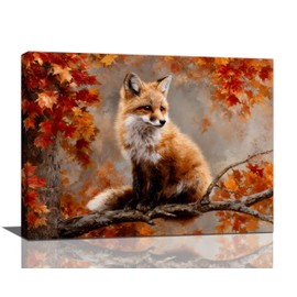 Fall Fox Wall Art Orange Maple Leaves Canvas Wall Decor Autumn Pictures Paintings Prints Artwork Framed Decorations For Bathroom Bedroom Living Room Office Gifts 16" x 12"