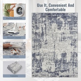 8x10 Area Rugs Washable Rug: Lagre Abstract Living Room Rug Soft Anti-Skid Thin Carpet Indoor Floor Non-Shedding Neutral Modern Carpets for Bedroom Dining Room Farmhouse Nursery Blue