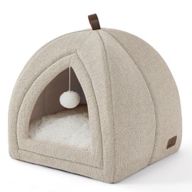 Bedsure Cat Beds for Indoor Cats - 2 in 1 Cat Cave for Kittens and Small Pets, Foldable Cat House Tent with Removable Washable Cushioned Pillow, Cat Hideaway with Non-Slip Bottom, Khaki, 16 inches