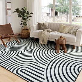 LIVEBOX 8x10 Washable Area Rugs for Living Room, White and Black Non-Slip Backing Abstract Modern Rugs, Soft Low Pile Rainbow Large Area Rug for Bedroom, Carpet for Dining Room Office(Black,8'x10')